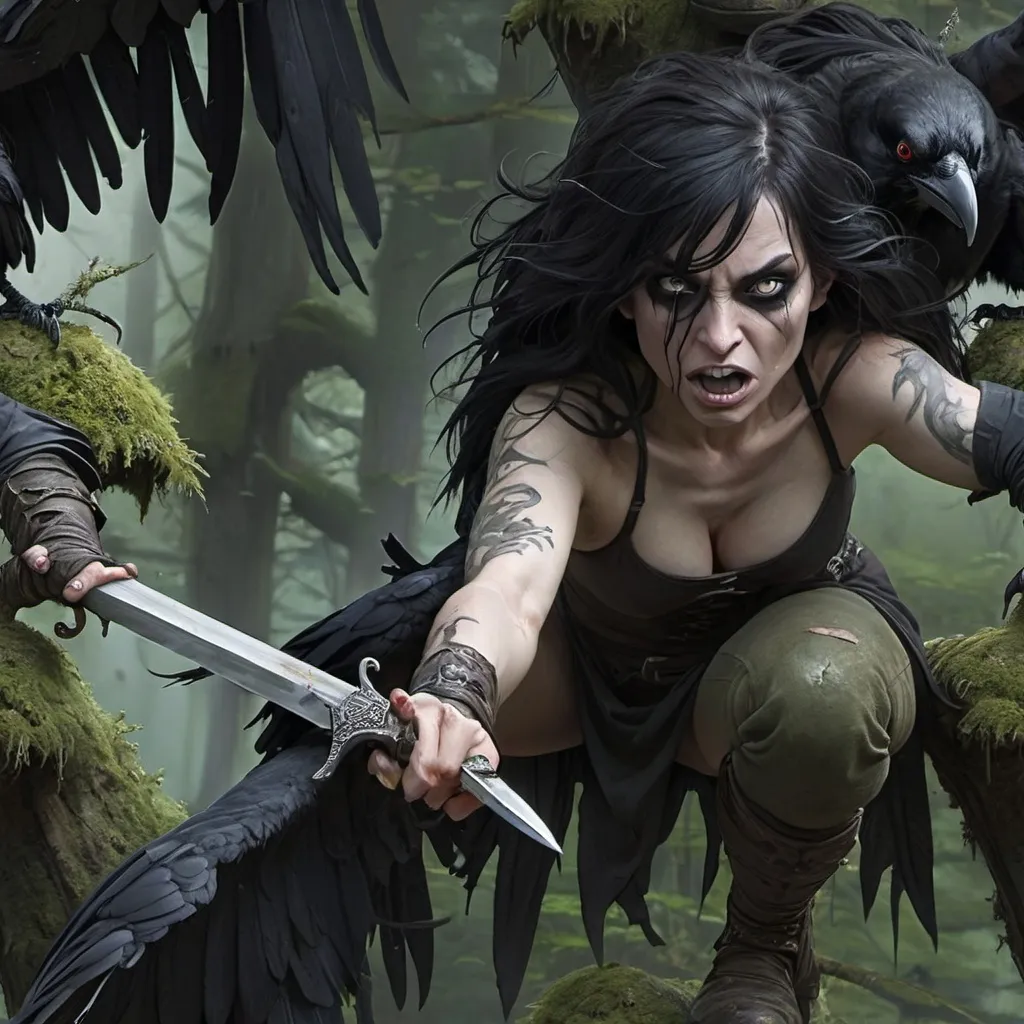 Prompt: [A raven haired, pale complected heroic gothic female person is lunging with a long sword in her right hand and a dagger reversed in her left] she is lunging at a goblin in ragged dirty clothing who is threatening her with a rusty dagger.
They are in a dark and shadowy original growth forest, with twisted gnarly hemlock trees and twisted gnarly lichen covered roots everywhere, beneath an overgrown misty forest canopy, with a gurgling stream flowing in the distance.