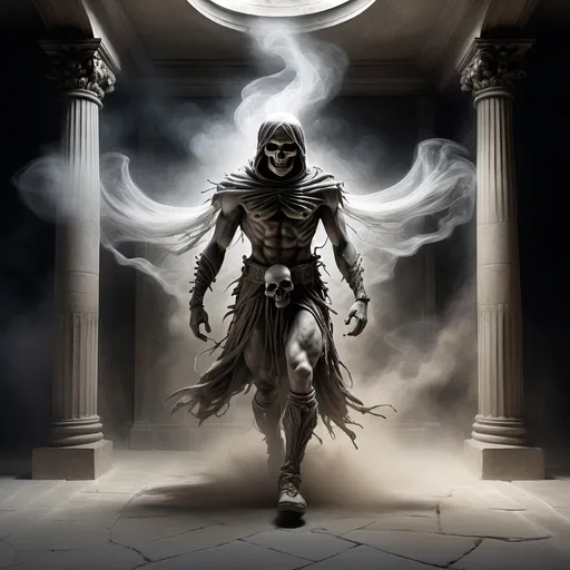 Prompt: A ghostly TRANSPARENT WISPY apparition of a male warrior rising and coming together above
a skull half buried in dust on the stone floor of a very dark room, gothic, fantasy,  ultra realism, ultra detailed,