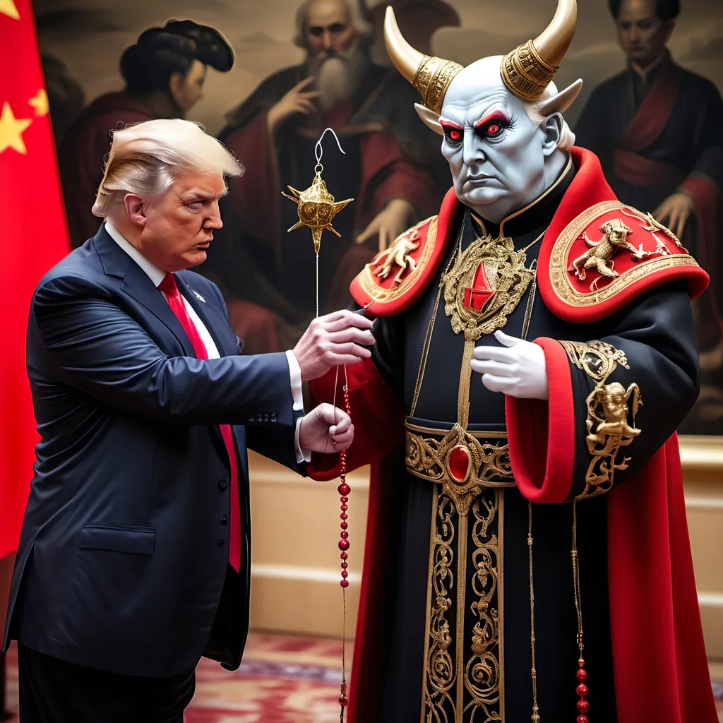 Prompt: Dark,  gothic, demonic, satanic, luciferian; a 'horned Donald Trump puppet on strings' being controlled by a 'horned satan puppet on strings' being controlled by a 'horned pope puppet on strings', being controlled by a 'horned Vladimir Putin puppet on strings', being controlled by Xi of China, who holds ALL THE STRINGS.