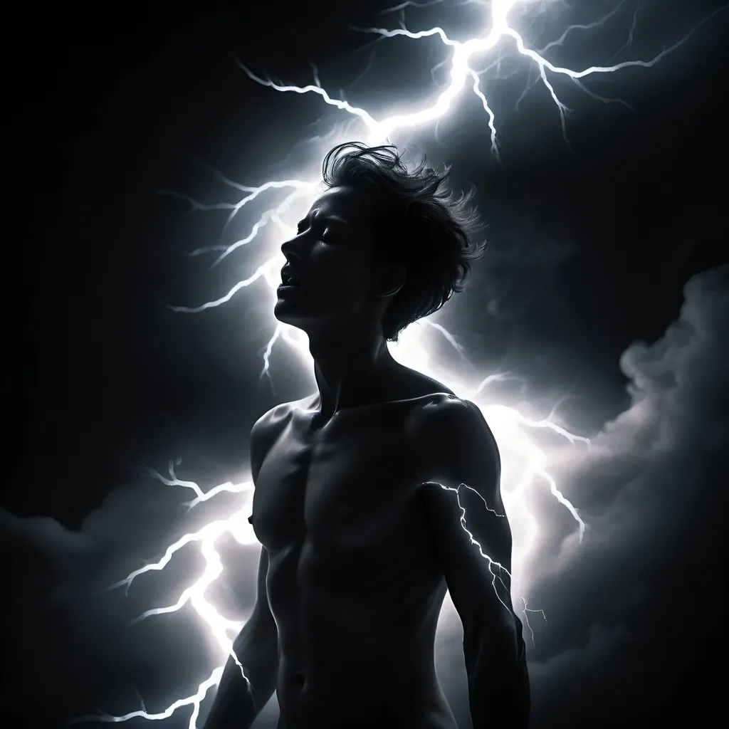 Prompt: (dark cosmic imagery), swirling aethers, (mystical lightning effects), dark silhouette drifting in the distance, writhing in agony, representing a second birth, (void black background), eerie atmosphere, high contrast lighting, (mysterious aura), ultra-detailed, evocative visual storytelling, engulfed in darkness, emotional turmoil, celestial elements.