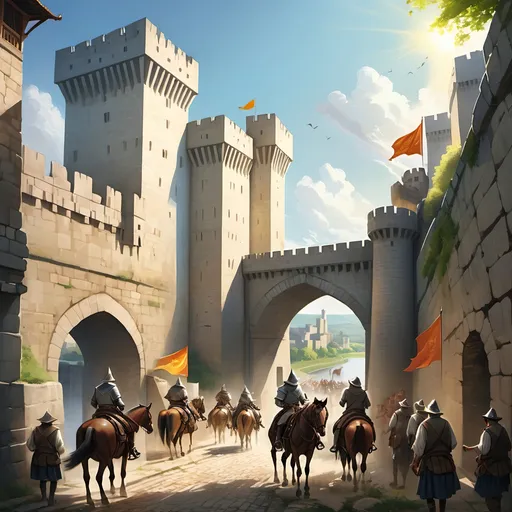 Prompt: A great walled city built of white stone next to a river, a towering fortress gate with an open door, daylight, bright sun shining, colorful banners suspended in the breeze flying from the top of the city walls, a dirt road leading up to the open gate in the city walls, with many men on horseback before it.