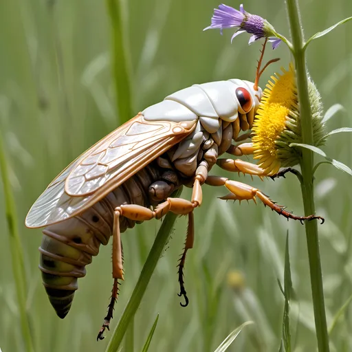 Prompt: A GIANT MONSTROUS MUTANT CICADA LARVA, larger than a man,
Feeding on a horse, a MONSTROUS MUTATED BLOATED GIANT CICADA LARVA ERUPTS FROM THE GROUND,
In a wild meadow surrounded by tall grasses, briarpatches and wildflowers,
A huge, eight foot tall MUTATED MONSTROUS bloated gray-white cicada larva erupting from the ground and rearing on its hind end legs with its proboscis extended, feeding on Armondo's Warhorse, ultra realism, ultra detail, high definition, high resolution, gothic, fantasy,