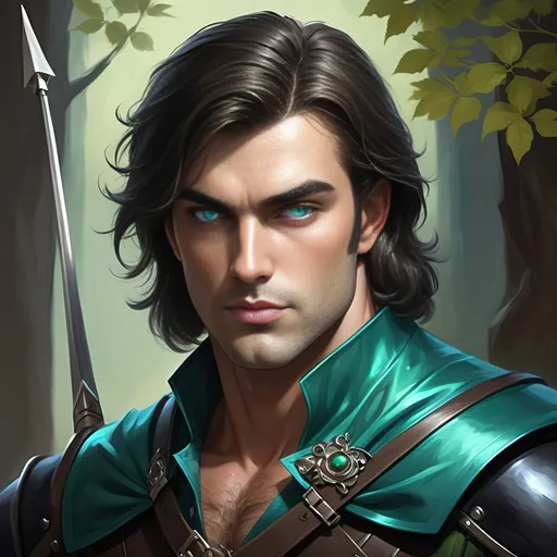 Prompt: [ Derek the Brown or Derek from Towne]
Chevalier, dark hair, pale complected, blue eyes; dressed in green, teal, and black; slight but well muscled, tall, bow & quiver on his back, piercing, attentive eyes, ultra detailed, ultra realism, darkly heroic.
(Resembles Neil Diamond)