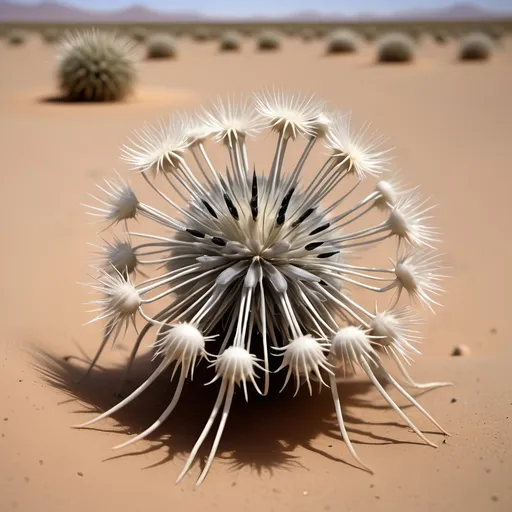 Prompt: Barren desert crawling with countless large hundred limbed insects which resemble spherical anemones, that are rolling and tumbling across the flat parched desert in search of prey, like sentient tumbleweeds, with very small circular bodies with a central toothed orifice surrounded by hundreds of long legs which all terminate it sharp points, like an ambulate sentient thistle,
Dark skies.