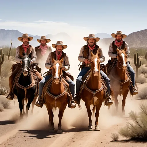 Prompt: Old West, dust, desert, cows, cacti, hitching posts, tumbleweeds, bandits in ten gallon hats and sombreros with bandanas, trenchcoats, 
Stage coach, horses,