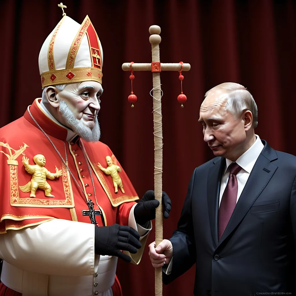 Prompt: Dark and gothic, a 'satan puppet' being controlled by a 'pope puppet', being controlled by a 'Vladimir Putin puppet', being controlled by Xi of China, who hold ALL THE STRINGS.