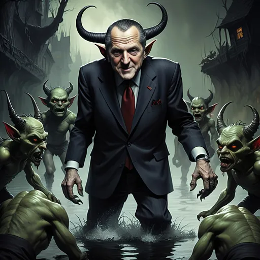 Prompt: River Styx, dark, infernal, gothic, ominous; minor Devil with horns and hooves who resembles Bill Clinton; has a chat with a goblins in ragged, ratty clothing who resembles Richard Nixon.