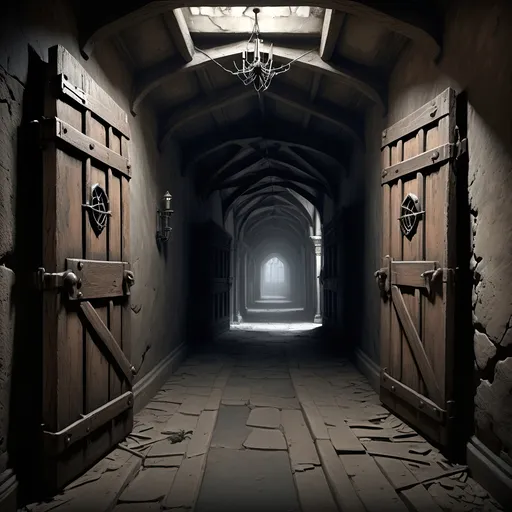 Prompt: Dead end hallway, with two ancient rough hewn timber wooden doors with rusty iron hinges on either side of the room, one to the right and one to the left,
Gothic, fantasy, dark, dark shadows, blackness, huge spider webs, ominous, menacing, abandoned, dirty narrow ancient stone corridors vaults and chambers covered in dust and cobwebs leading to a stone subcellar/dungeon filled with casks and kegs and debris, and one woman's shoe,
Ultra detail, ultra realism, high definition, shadowy, pitch black, dingy dark passageways and glowing pairs of eyes in the shadows, rats with red glowing eyes,