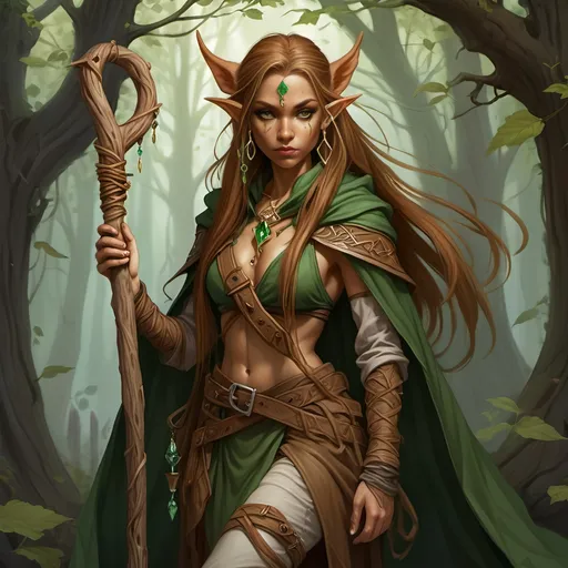 Prompt: Woman, female half elf, sorceress, ruddy medium complexion, light brown long straight hair, bound with multiple clasps in a really long pony tail; jewelry, earrings, tattoos of sacred runes, golden brown eyes, holding gnarled staff of bleached wood with a gem set into the top, leaf green cloak and hood, brown belt and pouches, brown boots, dagger and wand secured to belt, tan leather corset, highest resolution, gothic, fantasy, ultra detail, ultra realism, dark wood of ancient gnarled trees in background