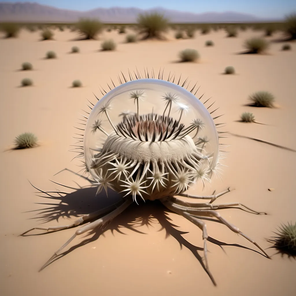 Prompt: Barren desert crawling with countless large hundred limbed insects which resemble spherical anemones, that are rolling and tumbling across the flat parched desert in search of prey, like sentient tumbleweeds, with very small circular bodies with a central toothed orifice surrounded by hundreds of long legs which all terminate it sharp points, like an ambulate sentient thistle, that uses it's thousands of long pointy legs to puncture, gorging on the blood and fluids of its prey.
Hundred eyes and thousands of legs.
Dark skies; on a high plateau, with no mountains in the background.