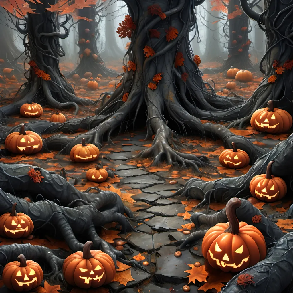 Prompt: Dark, gothic scary, foreboding, menacing, ominous, bright autumn foliage, carpet of brightly colored fallen foliage on the ground, in a twisted and gnarly original growth autumn forest, surrounded by twisted lichen covered roots and mushrooms and large scary pumpkins with mean faces, ultra detailed, high resolution, gritty realism, boxes of Girl Scout Cookies everywhere.