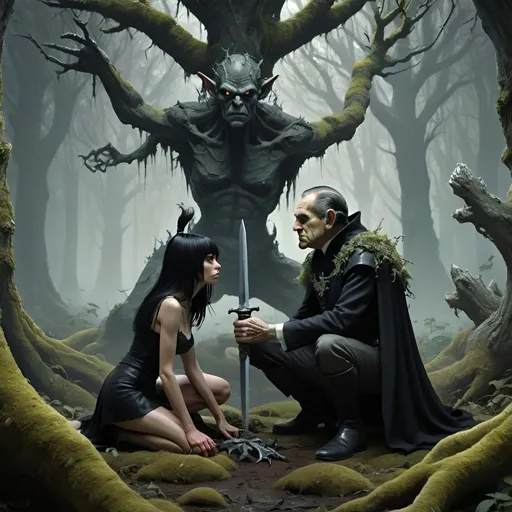 Prompt: Fantasy, dark, shadowy, original growth forest, a tall black haired heroic black clad female person stands over a cowardly goblin on his knees begging for his life, holding a sword to his throat, the goblin resembles Richard Nixon and the pair are surrounded by huge twisted gnarly lichen covered trees