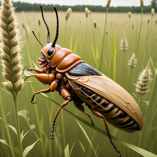 Prompt: A giant monstrous house sized bloated cicada larva,
A GIANT MONSTROUS MUTANT CICADA LARVA, larger than a man,
Feeding on a horse, a MONSTROUS MUTATED BLOATED GIANT CICADA LARVA ERUPTS FROM THE GROUND,
In a wild meadow surrounded by tall grasses, briarpatches and wildflowers,
A huge, eight foot tall MUTATED MONSTROUS bloated gray-white cicada larva erupting from the ground and rearing on its hind end legs with its proboscis extended, feeding on Armondo's Warhorse, ultra realism, ultra detail, high definition, high resolution, gothic, fantasy,