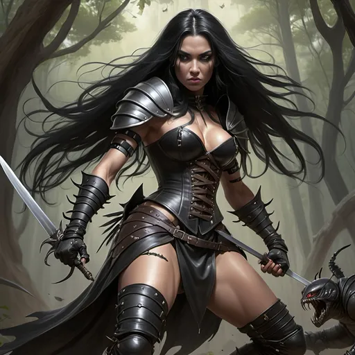 Prompt: 'Kitanjia the Ranger' [woman, tall, fair complected, dresses in black leather armor and corset, long black hair, longsword] in a fight to the death with an 'insect beast' [large, mutant, insect larva, dark brown gray in color, four back legs to stand on and two long front legs with sharp talons to fight with, red eyes on opposite sides of cicada-like head, and long proboscis]
Fantasy, gothic, ultra realism, ultra detail, in a meadow of tall grasses standing over a dead Bay Mare with an archaic saddle on her back