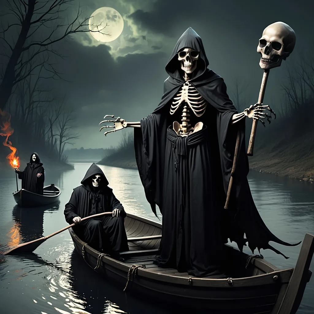 Prompt: (Dark, gothic, infernal, River Styx, Hades;) (Charon, skeletal boat master in a black robe with hood, of the river Styx); escorts a (goblin dressed in ragged dirty clothing who resembles Richard Nixon), to meet with his master on the lower planes,