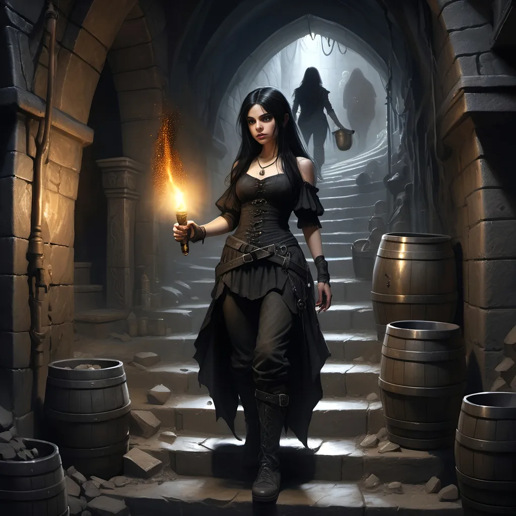 Prompt: A female human with long straight black hair and brown eyes and dressed in black and carrying a lit torch, a male halfling is standing behind her
Gothic, fantasy, dark, menacing, abandoned, dirty narrow ancient stone stairwell covered in dust and cobwebs leading to a stone subcellar/dungeon filled with casks and kegs and debris, and one woman's shoe,
Ultra detail, ultra realism, high definition