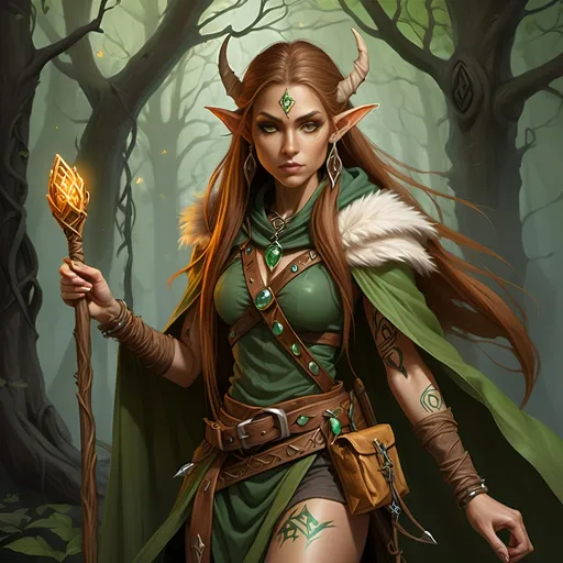 Prompt: Woman, female half elf, sorceress, ruddy medium complexion, light brown long straight hair, bound with multiple clasps in a really long pony tail; jewelry, earrings, tattoos of sacred runes, golden brown eyes, holding gnarled staff of bleached wood with a gem set into the top, leaf green cloak and hood, brown belt and pouches, brown boots, dagger and wand secured to belt, tan leather corset, highest resolution, gothic, fantasy, ultra detail, ultra realism, giving a lecture in a dark medieval Taverne.