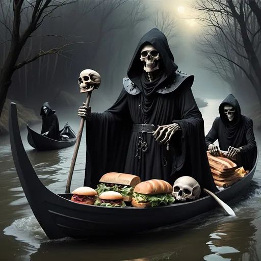 Prompt: (Dark, gothic, infernal, River Styx, Hades;) (Charon, skeletal boat master in a black robe with hood, of the river Styx); escorts a (goblin dressed in ragged dirty clothing who resembles Richard Nixon), to meet with his master on the lower planes, Charon is eating an awesome sandwich that his wife made for him for lunch, and offers a sandwich to the goblin in ratty ragged clothing who resembles Richard Nixon.
Scary, high resolution, ultra detailed, menacing, foreboding, ominous,