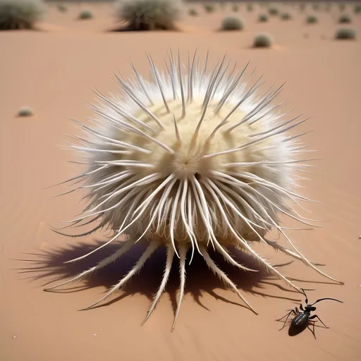 Prompt: Barren desert crawling with countless large hundred limbed insects which resemble spherical anemones, that are rolling and tumbling across the flat parched desert in search of prey, like sentient tumbleweeds, with very small circular bodies with a central toothed orifice surrounded by hundreds of long legs which all terminate it sharp points, like an ambulate sentient thistle, that uses it's thousands of long pointy legs to puncture, gorging on the blood and fluids of its prey.
Hundred eyes and thousands of legs.
Dark skies.