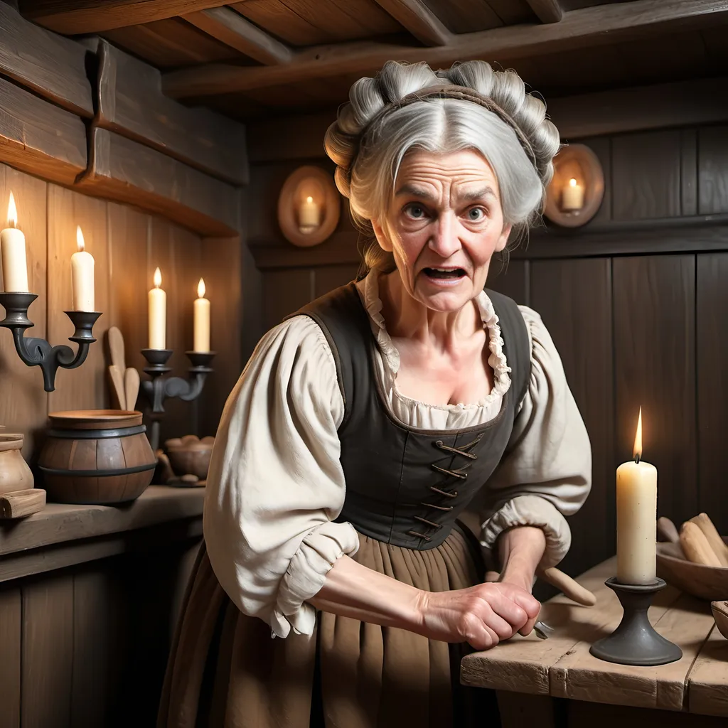 Prompt: Elderly woman, toothless, menacing, dressed in ragged peasant clothing, serving wench, gray hair in a bun on top of her head, grimacing and holding a wooden rolling pin in a threatening manner; inside an English Tudor style Inn, candle chandeliers and wall sconces, rustic wood paneling, ultra realistic, ultra detailed, highest resolution.