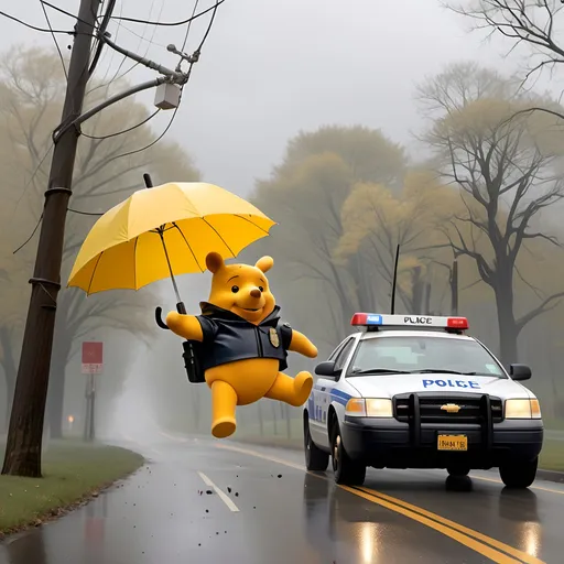 Prompt: Broken umbrella, police car flying away in high winds, 
PIGLET from WINNEY THE POOH dressed as a riot cop, with body armor, a riot shield, a BROKEN umbrella, yellow rain coat flapping in the gusty winds, trees down, telephone poles down; all being swept away by blustery winds