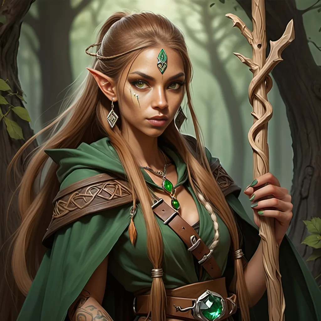 Prompt: [ Claudia ]
Woman, female half elf, sorceress, ruddy medium complexion, light brown long straight hair, bound with multiple clasps in a really long pony tail; jewelry, earrings, tattoos of sacred runes, golden brown eyes, holding gnarled staff of bleached wood with a gem set into the top, leaf green cloak and hood, brown belt and pouches, brown boots, dagger and wand secured to belt, tan leather corset, highest resolution, gothic, fantasy, ultra detail, ultra realism, giving a lecture in a dark medieval Taverne.