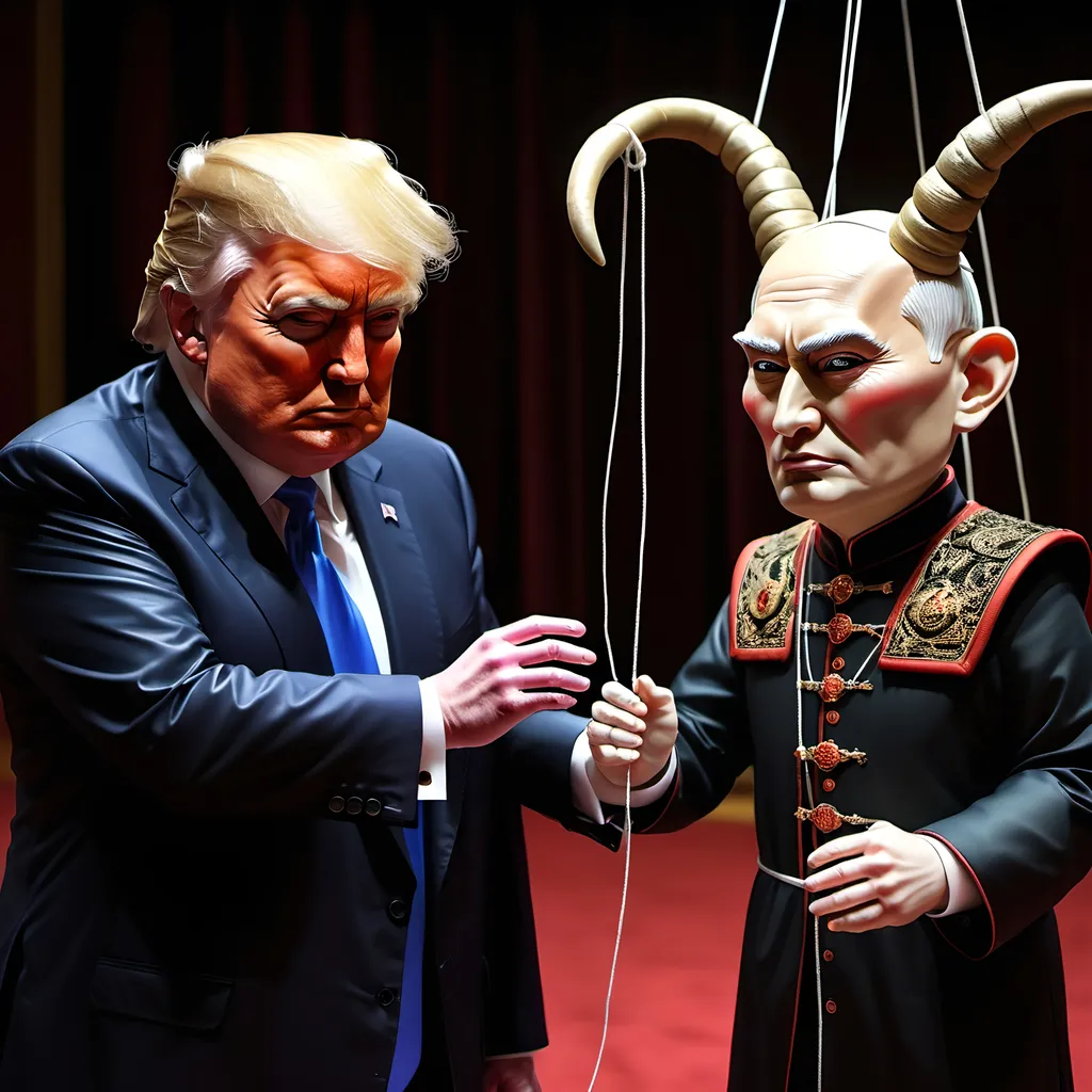 Prompt: Dark,  gothic, demonic; a 'horned Donald Trump puppet on strings' being controlled by a 'horned satan puppet on strings' being controlled by a 'horned pope puppet on strings', being controlled by a 'horned Vladimir Putin puppet on strings', being controlled by Xi of China, who holds ALL THE STRINGS.