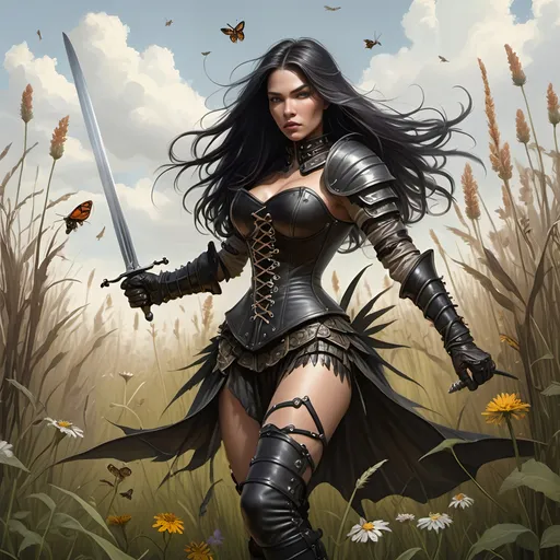 Prompt: In a meadow of tall grasses and wildflowers,
'Kitanjia the Ranger' [woman, tall, fair complected, dresses in black leather armor and corset, long black hair, longsword] in a fight to the death with an 'insect beast' [large, mutant, insect larva, dark brown gray in color, four back legs to stand on and two long front legs with sharp talons to fight with, red eyes on opposite sides of cicada-like head, and long proboscis, bigger than a Volkswagen beetle!]
Fantasy, gothic, ultra realism, ultra detail, in a meadow of tall grasses standing over a dead Bay Mare with an archaic saddle on her back