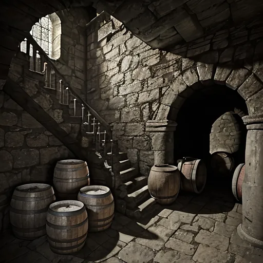 Prompt: Gothic, fantasy, narrow ancient stone stairwell covered in dust and cobwebs leading to a stone cellar filled with casks and kegs and debris, and one woman's shoe,
Ultra detail, ultra realism, high definition