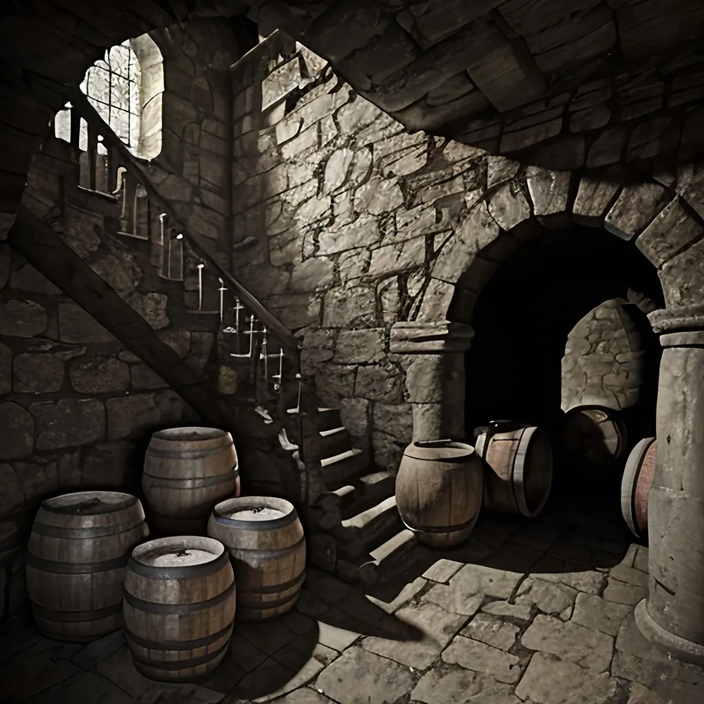 Prompt: Gothic, fantasy, narrow ancient stone stairwell covered in dust and cobwebs leading to a stone cellar filled with casks and kegs and debris, and one woman's shoe,
Ultra detail, ultra realism, high definition