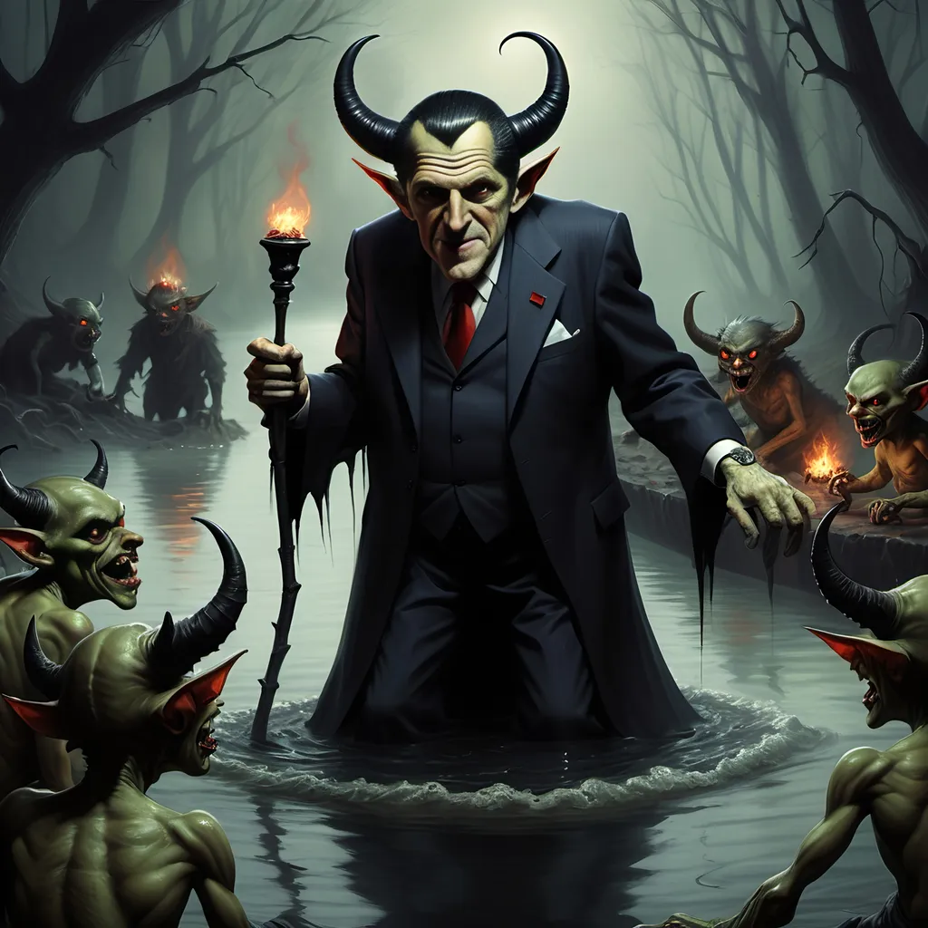 Prompt: River Styx, dark, infernal, gothic, ominous; minor Devil with horns and hooves who resembles Bill Clinton; has a chat with a goblins in ragged, ratty clothing who resembles Richard Nixon.