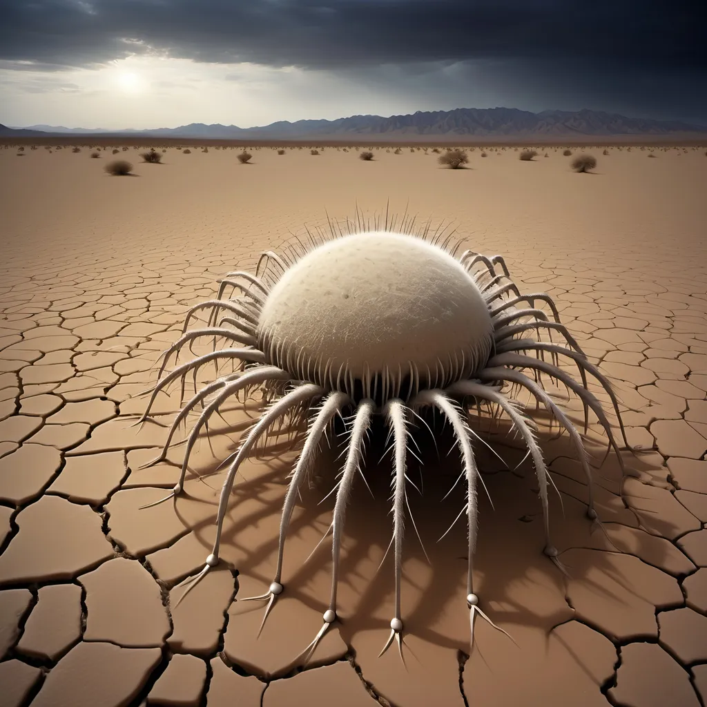 Prompt: Barren desert crawling with countless large hundred limbed insects which resemble spherical anemones, that are rolling and tumbling across the flat parched desert in search of prey, like sentient tumbleweeds, with very small circular bodies with a central toothed orifice surrounded by hundreds of long legs which all terminate it sharp points.
Dark skies.