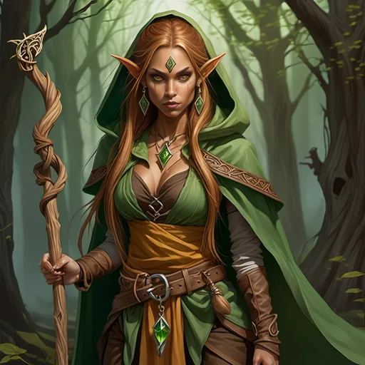 Prompt: Woman, female half elf, sorceress, ruddy medium complexion, light brown long straight hair, bound with multiple clasps in a really long pony tail; jewelry, earrings, tattoos of sacred runes, golden brown eyes, holding gnarled staff of bleached wood with a gem set into the top, leaf green cloak and hood, brown belt and pouches, brown boots, dagger and wand secured to belt, tan leather corset, highest resolution, gothic, fantasy, ultra detail, ultra realism, giving a lecture in a dark medieval Taverne.