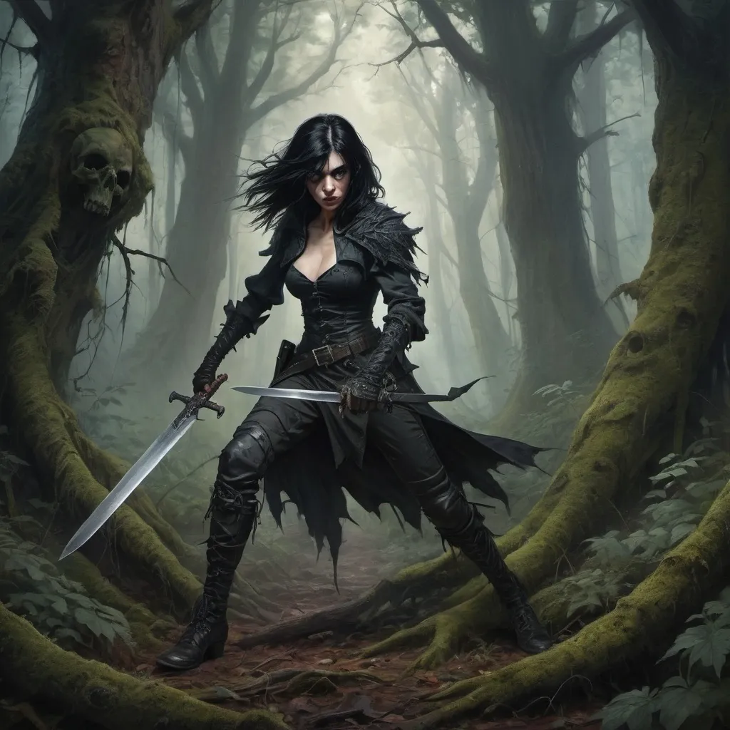 Prompt: [A raven haired, pale complected heroic gothic female person is lunging with a long sword in her right hand and a dagger reversed in her left] she is lunging at a goblin in ragged dirty clothing who is threatening her with a rusty dagger.
They are in a dark and shadowy original growth forest, with twisted gnarly hemlock trees and twisted gnarly lichen covered roots everywhere, beneath an overgrown misty forest canopy,