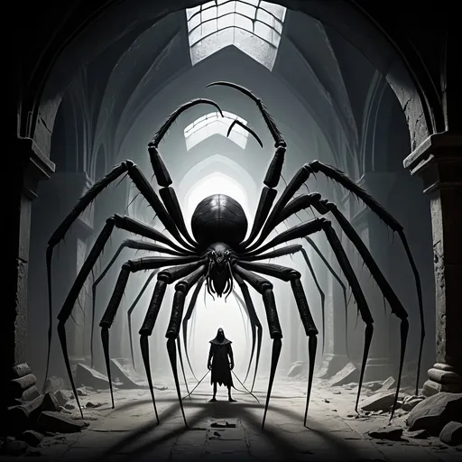 Prompt: A giant black shadowy menacing TWO-HEADED, monstrous insect with a hundred or more long skinny legs ending in pincers, and four sets of slavering, drooling mandibles;
Gothic, fantasy, dark, dark shadows, blackness, huge spider webs, ominous, menacing, abandoned, dirty narrow ancient stone corridors vaults and chambers covered in dust and cobwebs leading to a stone subcellar/dungeon filled with casks and kegs and debris, and one woman's shoe,
Ultra detail, ultra realism, high definition, shadowy, pitch black, dingy dark passageways and glowing pairs of eyes in the shadows, rats with red glowing eyes,