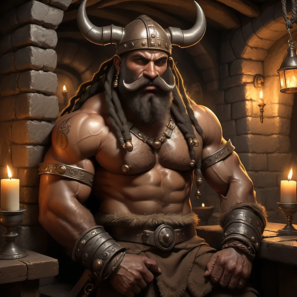 Prompt: [ Grugor the Barbarian ]
In medieval Taverne, lit by candles in wall sconces, stone walls,
Male Barbarian, dark complected African, large moustache, long beard, slight build but well muscled and wiry, agile, horned steel helmet with noseguard, dreadlocks with gold clasps, covered with tribal tattoos, gold earrings, stretched lobes, tall, black leather greaves and spiked gauntlets, brown leather boots with fur fringe at top, gothic, fantasy, longsword and daggers, ultra realism, ultra detail, high definition, friendly but determined expression, intimidating but not menacing, tall and skinny, in Tudor style taverne background,