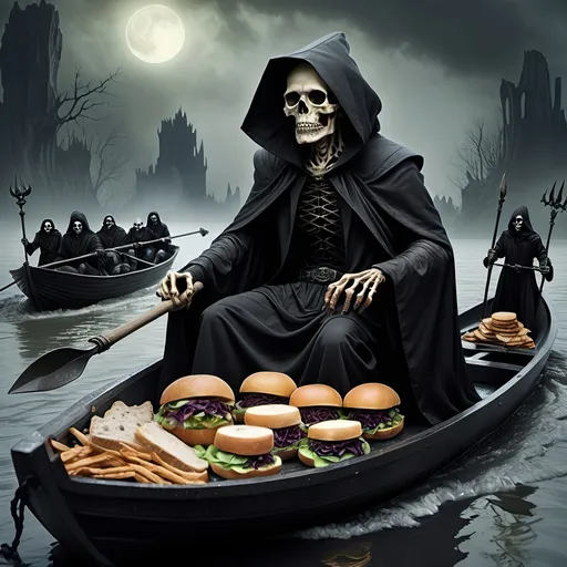 Prompt: (Dark, gothic, infernal, River Styx, Hades;) (Charon, skeletal boat master in a black robe with hood, of the river Styx); escorts a (goblin dressed in ragged dirty clothing who resembles Richard Nixon), to meet with his master on the lower planes, Charon is eating an awesome sandwich that his wife made for him for lunch, and offers a sandwich to the goblin in ratty ragged clothing who resembles Richard Nixon.
Scary, high resolution, ultra detailed, menacing, foreboding, ominous,