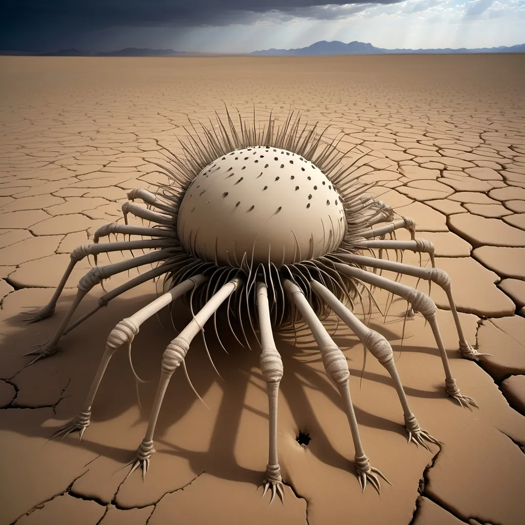 Prompt: Barren desert crawling with countless large hundred limbed insects which resemble spherical anemones, that are rolling and tumbling across the flat parched desert in search of prey, like sentient tumbleweeds, with very small circular bodies with a central toothed orifice surrounded by hundreds of long legs which all terminate it sharp points.
Dark skies.