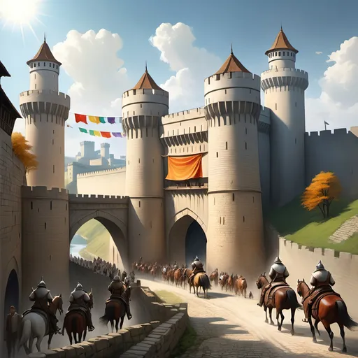 Prompt: A great walled city built of white stone next to a river, a towering fortress gate with an open door, daylight, bright sun shining, colorful banners suspended in the breeze flying from the top of the city walls, a dirt road leading up to the open gate in the city walls, with many men on horseback before it.