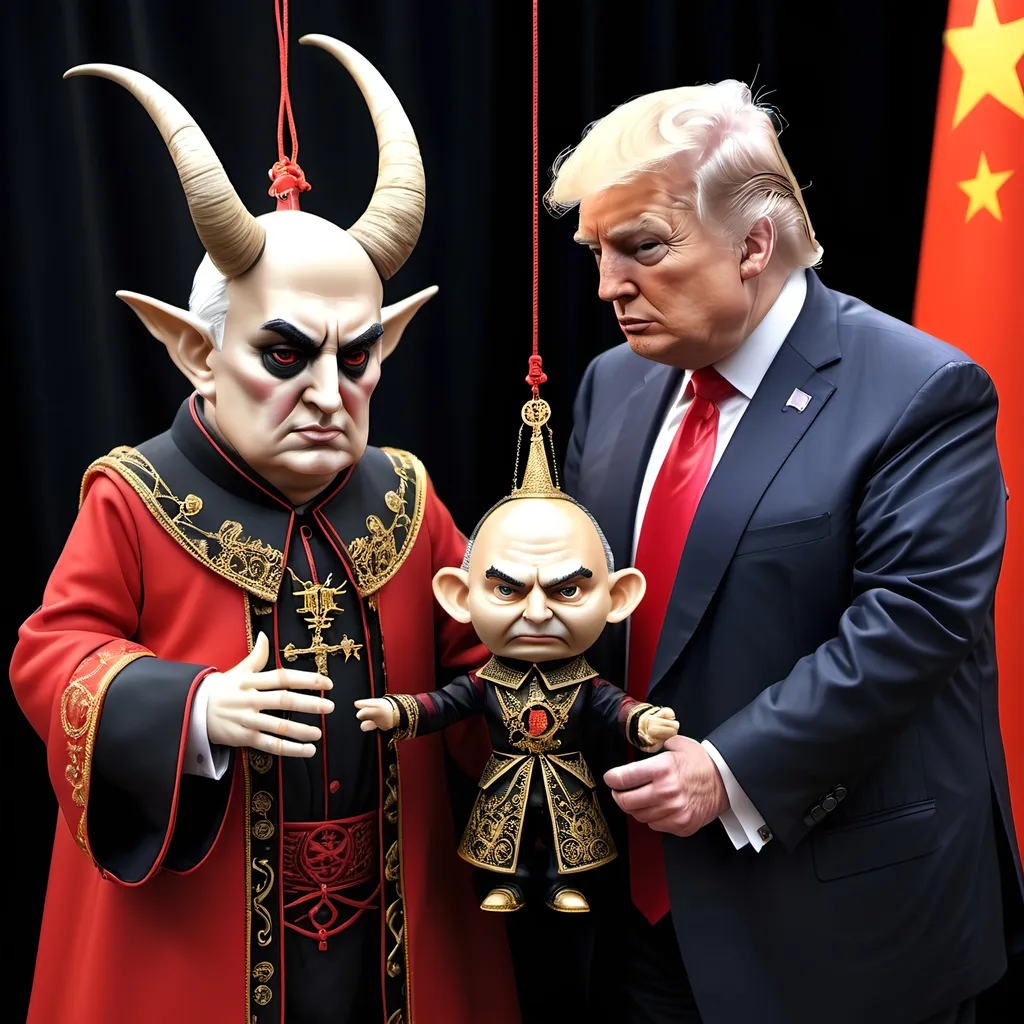 Prompt: Dark,  gothic, demonic, satanic, luciferian; a 'horned Donald Trump puppet on strings' being controlled by a 'horned satan puppet on strings' being controlled by a 'horned pope puppet on strings', being controlled by a 'horned Vladimir Putin puppet on strings', being controlled by Xi of China, who holds ALL THE STRINGS.