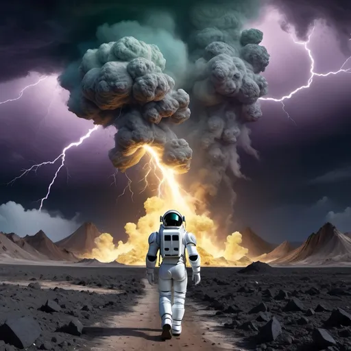 Prompt: Humanoid robot,
Astronaut in survival suit carrying backpack and bags, walking away from Crater,
Lightning, tornadoes, massive storm
Crater, crashed space frigate, burning debris, black smoke rising,
Yellow quartz desert, dark sky, swirling gray, green and blue clouds.
Distant mountains made entirely of amethyst crystal