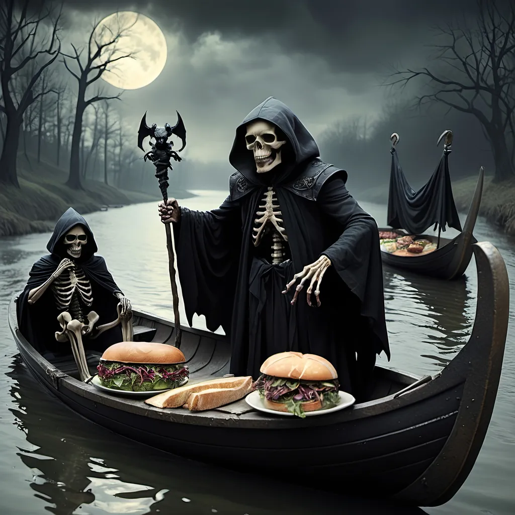 Prompt: (Dark, gothic, infernal, River Styx, Hades;) (Charon, skeletal boat master in a black robe with hood, of the river Styx); escorts a (goblin dressed in ragged dirty clothing who resembles Richard Nixon), to meet with his master on the lower planes, Charon is eating an awesome sandwich that his wife made for him for lunch, and offers a sandwich to the goblin in ratty ragged clothing who resembles Richard Nixon.
Scary, high resolution, ultra detailed, menacing, foreboding, ominous,