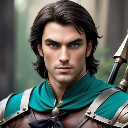 Prompt: [ Derek the Brown or Derek from Towne]
Chevalier, dark hair, pale complected, blue eyes; dressed in green, teal, and black; slight but well muscled, tall, bow & quiver on his back, piercing, attentive eyes, ultra detailed, ultra realism, darkly heroic.
(Resembles Neil Diamond)