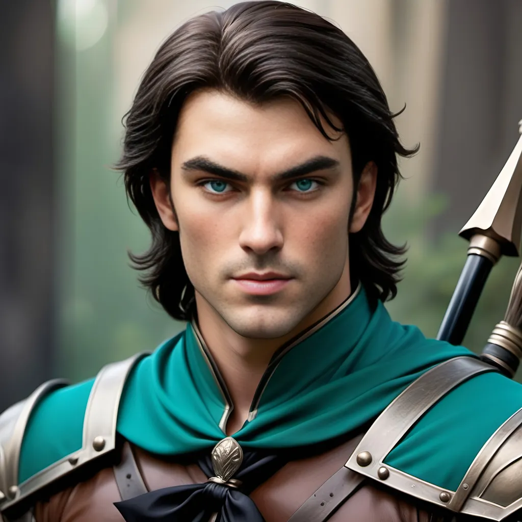 Prompt: [ Derek the Brown or Derek from Towne]
Chevalier, dark hair, pale complected, blue eyes; dressed in green, teal, and black; slight but well muscled, tall, bow & quiver on his back, piercing, attentive eyes, ultra detailed, ultra realism, darkly heroic.
(Resembles Neil Diamond)