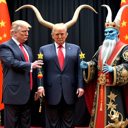 Prompt: Dark,  gothic, demonic, satanic, luciferian; a 'horned Donald Trump puppet on strings' being controlled by a 'horned satan puppet on strings' being controlled by a 'horned pope puppet on strings', being controlled by a 'horned Vladimir Putin puppet on strings', being controlled by Xi of China, who holds ALL THE STRINGS.