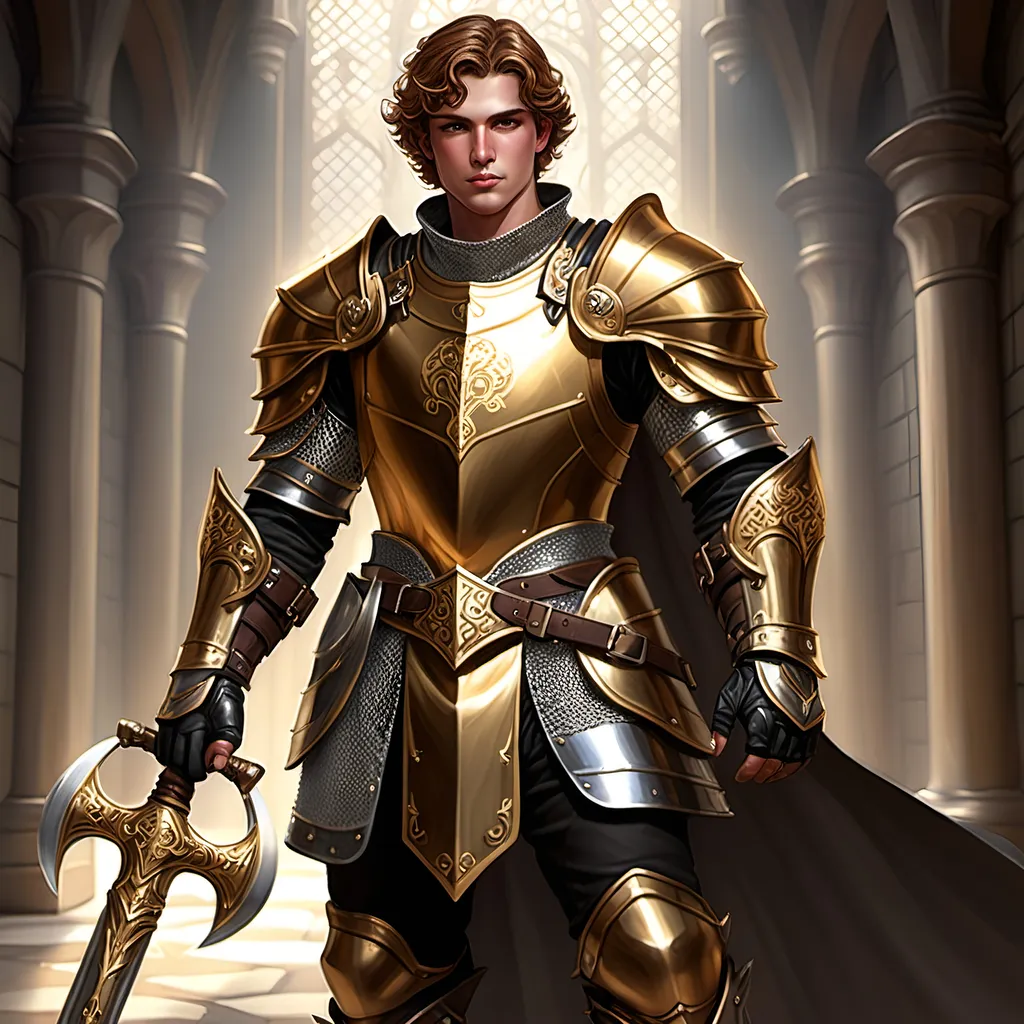 Prompt: [Armando the Golden]
Male paladin, (ultra-detailed) (ultra-realism), brown wavy short cropped hair, rosy cheeks, brown eyes, (bright silver steel breastplate) with (gold inlay and filigree), (shiny steel chainmail shirt), black boots with (sparkling shiny spurs), carrying a huge (double-ended war hammer), dramatic lighting, epic stance, medieval fantasy background, grand atmosphere, (HD quality) pompous, arrogant demeanor and stance, tall, 'broad like a barn', wide shoulders, built like a tank, iconoclastic narcissist,
Resembles Mike Pompeo.