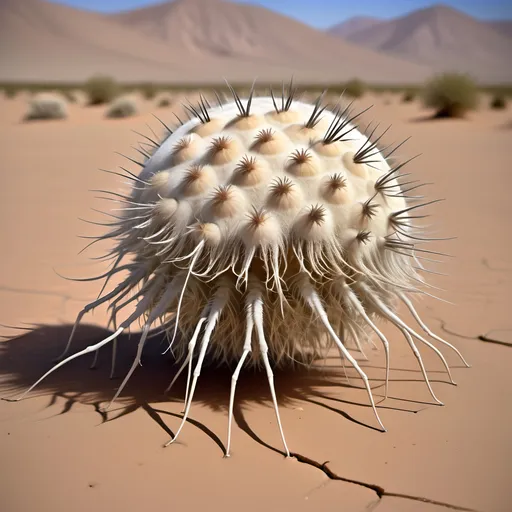 Prompt: Barren desert crawling with countless large hundred limbed insects which resemble spherical anemones, that are rolling and tumbling across the flat parched desert in search of prey, like sentient tumbleweeds, with very small circular bodies with a central toothed orifice surrounded by hundreds of long legs which all terminate it sharp points, like an ambulate sentient thistle,
Dark skies.