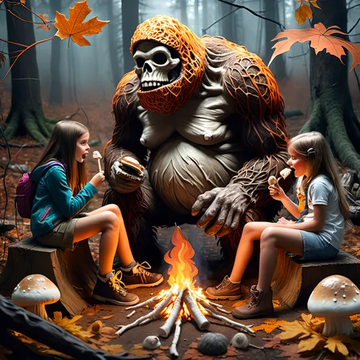 Prompt: Dark, gothic scary, foreboding, menacing, ominous, bright autumn foliage, happy Sasquatch gnawing on a large leg bone next to girl scouts seated at a campfire, toasting marshmallows and eating s'mores, in a twisted and gnarly original growth autumn forest, surrounded by twisted lichen covered roots and giant carnivorous mushrooms and large scary pumpkins with mean faces, ultra detailed, high resolution, gritty realism, boxes of Girl Scout Cookies everywhere!