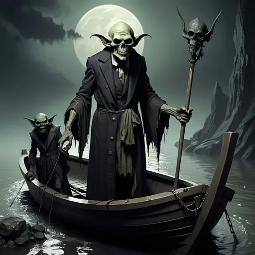 Prompt: (Dark, gothic, infernal, River Styx, Hades;) Charon the boat person of the river Styx; escorts a goblin dressed in ragged dirty clothing who resembles Richard Nixon, toeet with his master on the lower planes,