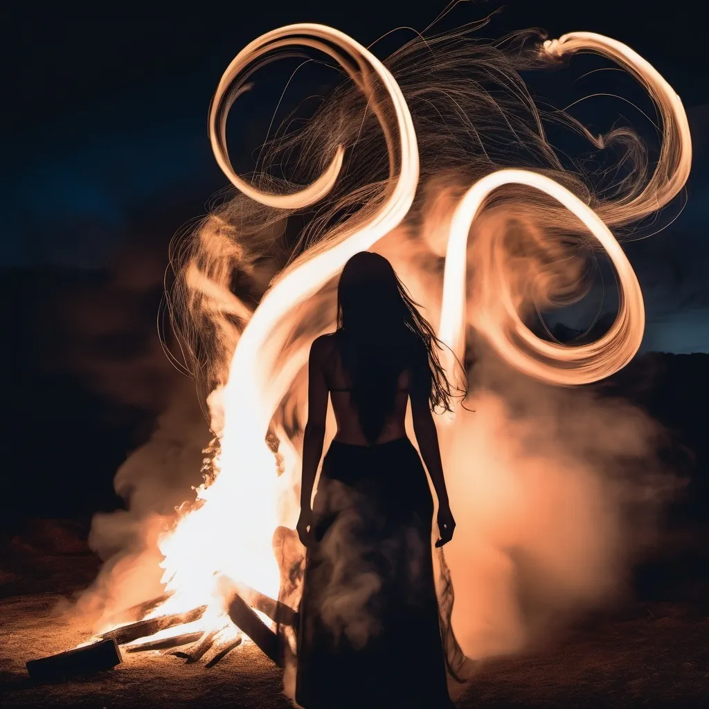 Prompt: Hair in motion, captured with long exposure photography Nikon D850 DSLR camera f/4. ISO 200, torso apparition hovering over a smouldering campfire with dark smoke swirls rising in a vortex, black hair, spilling out in the updraft and swirling in the vortex with the smoke, night, stars and clouds in the sky.